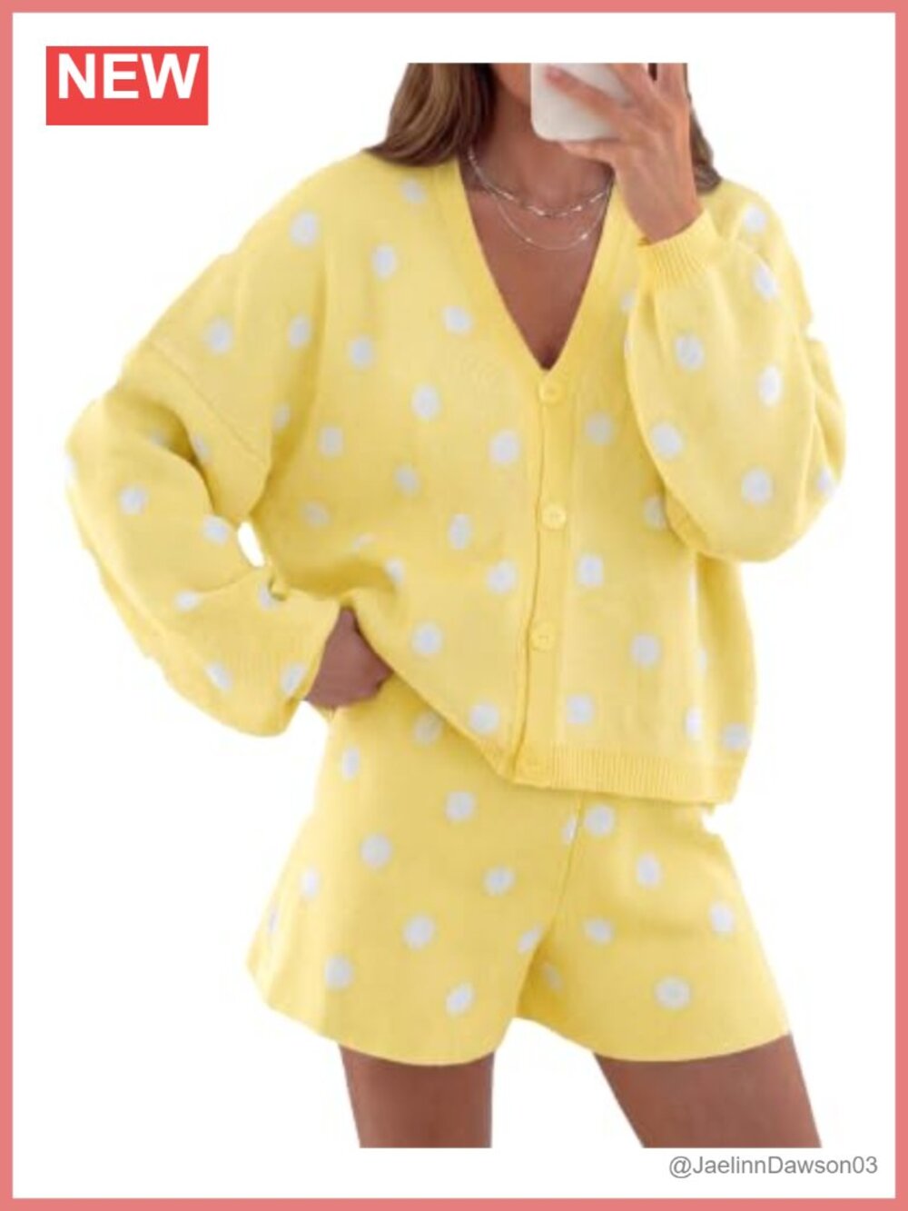 Women's 2 Piece Knit Sweater & Polka Dot Shorts Set Button Down Loose Fit